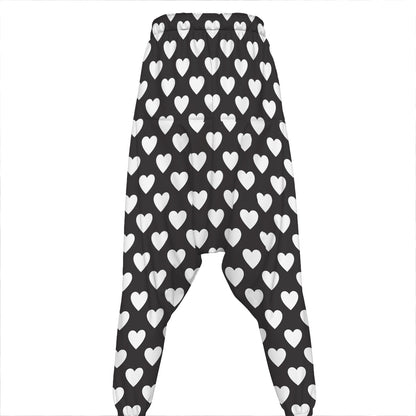 Black And White Heart Pattern Print Hammer Pants
