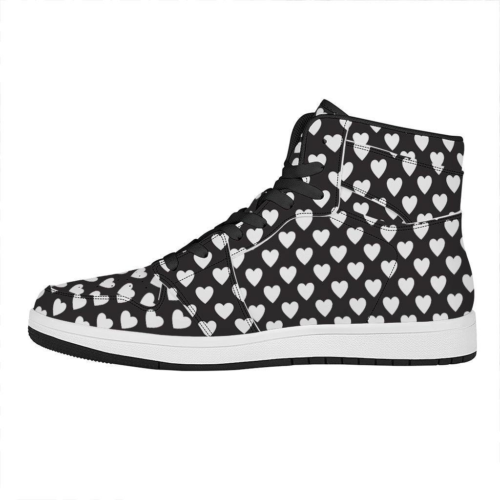 Black And White Heart Pattern Print High Top Leather Sneakers