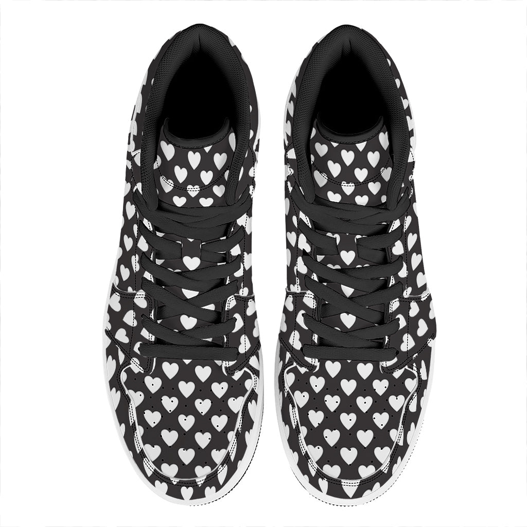 Black And White Heart Pattern Print High Top Leather Sneakers