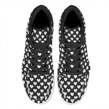 Black And White Heart Pattern Print High Top Leather Sneakers