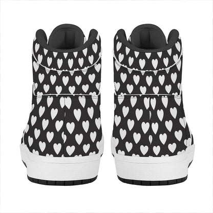 Black And White Heart Pattern Print High Top Leather Sneakers