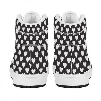 Black And White Heart Pattern Print High Top Leather Sneakers