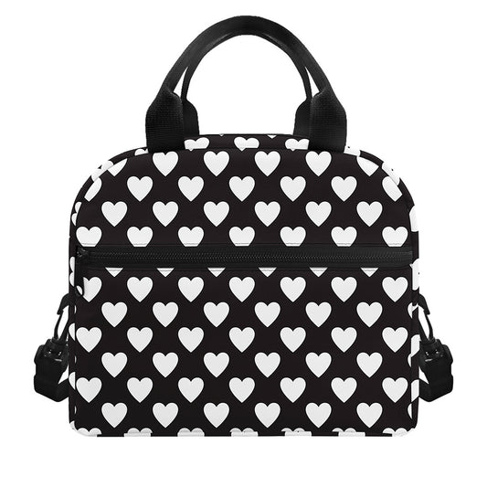 Black And White Heart Pattern Print Insulated Lunch Bag
