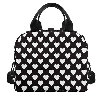 Black And White Heart Pattern Print Insulated Lunch Bag