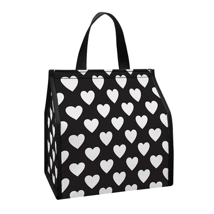 Black And White Heart Pattern Print Insulated Lunch Tote