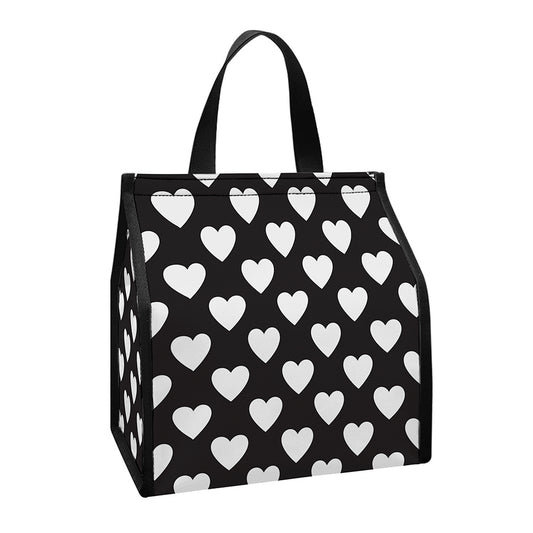 Black And White Heart Pattern Print Insulated Lunch Tote
