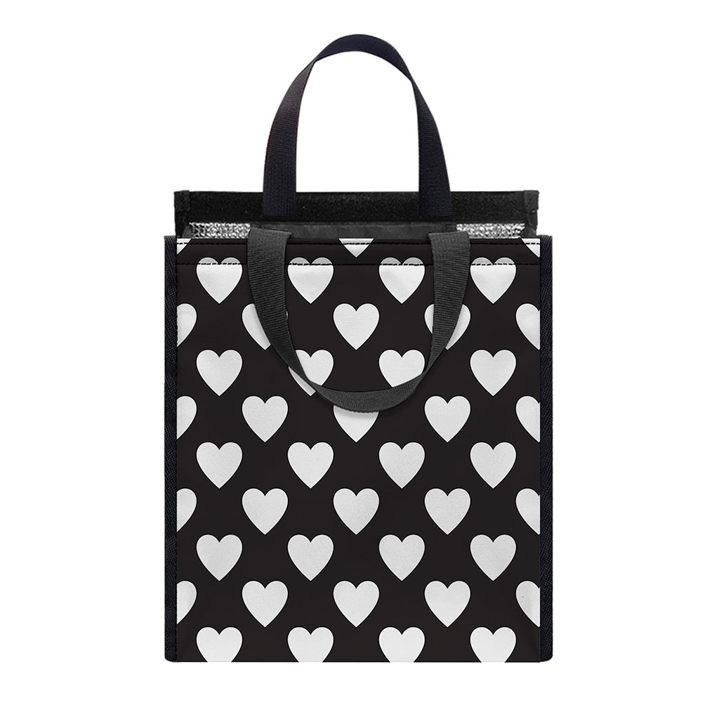 Black And White Heart Pattern Print Insulated Lunch Tote