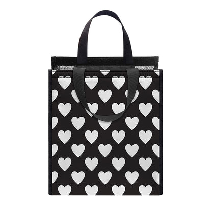 Black And White Heart Pattern Print Insulated Lunch Tote