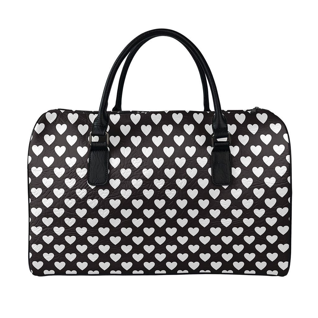 Black And White Heart Pattern Print Leather Duffle Bag