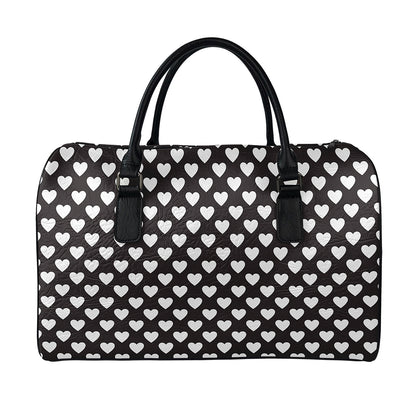Black And White Heart Pattern Print Leather Duffle Bag