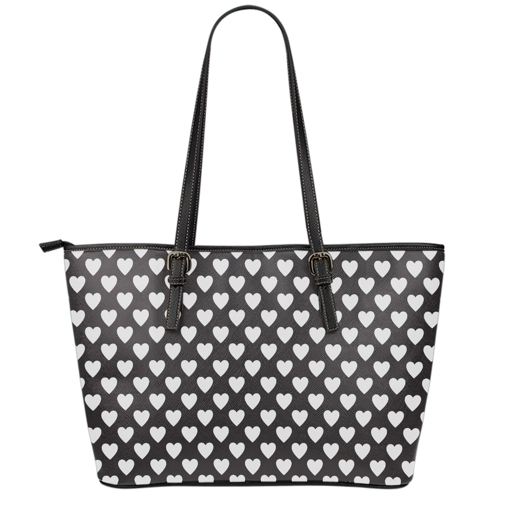 Black And White Heart Pattern Print Leather Tote Bag