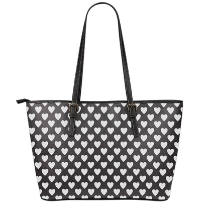 Black And White Heart Pattern Print Leather Tote Bag
