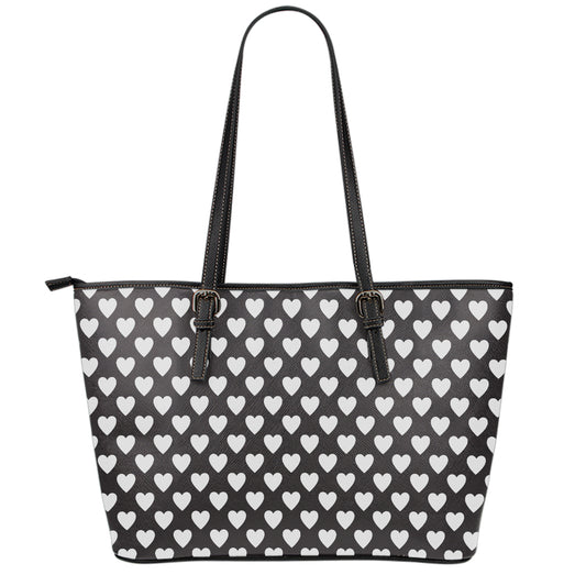 Black And White Heart Pattern Print Leather Tote Bag
