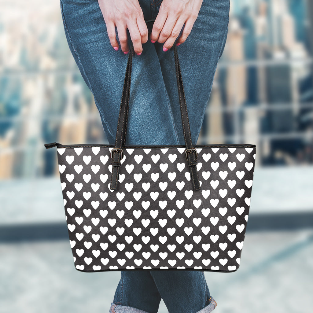 Black And White Heart Pattern Print Leather Tote Bag