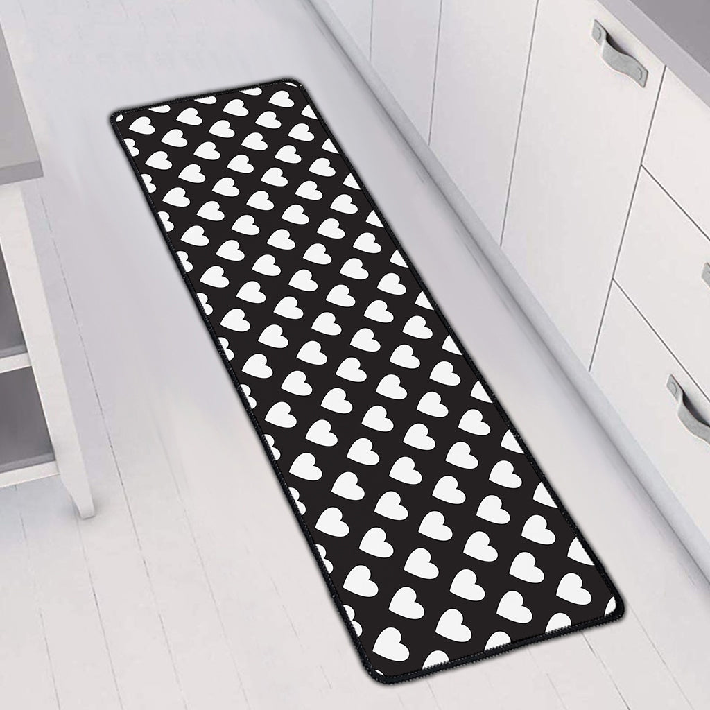 Black And White Heart Pattern Print Long Kitchen Mat