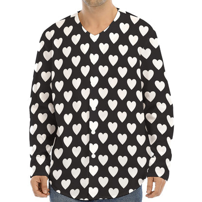 Black And White Heart Pattern Print Long Sleeve Baseball Jersey
