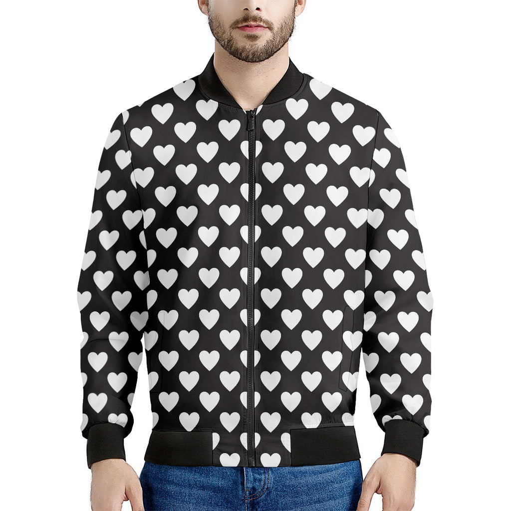 Black And White Heart Pattern Print Men's Bomber Jacket