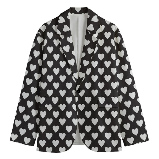 Black And White Heart Pattern Print Men's Cotton Blazer
