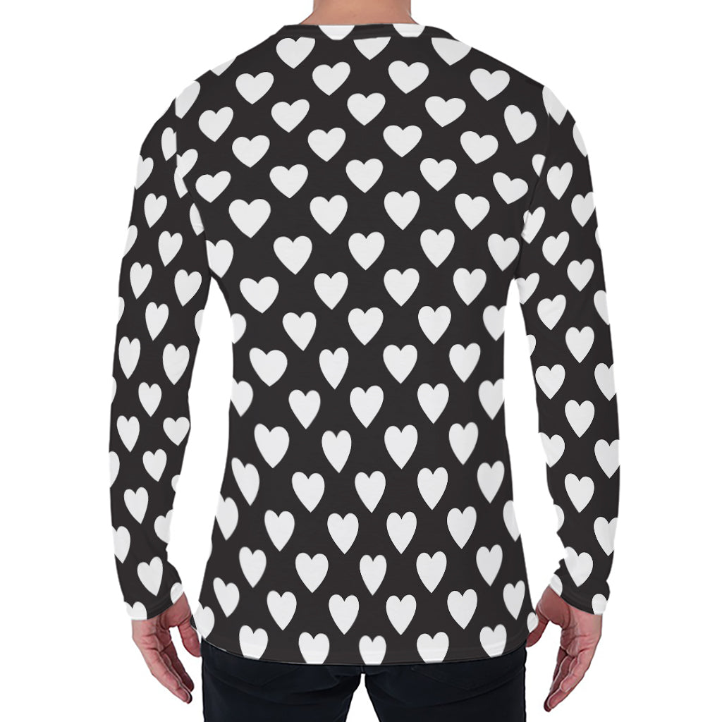 Black And White Heart Pattern Print Men's Long Sleeve T-Shirt