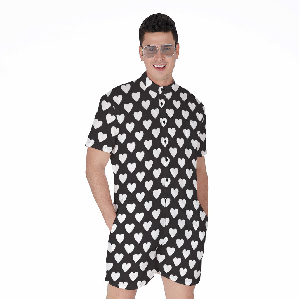 Black And White Heart Pattern Print Men's Rompers