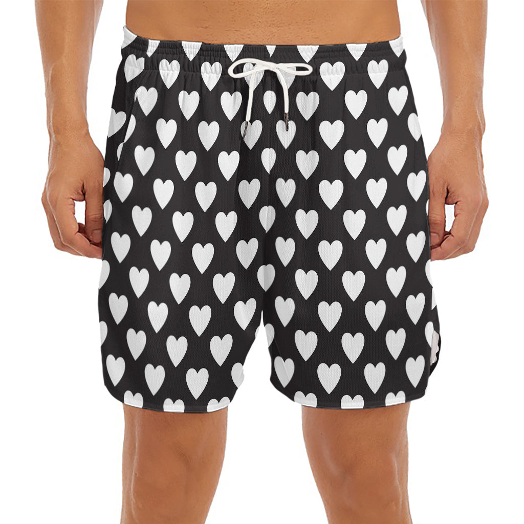 Black And White Heart Pattern Print Men's Split Running Shorts