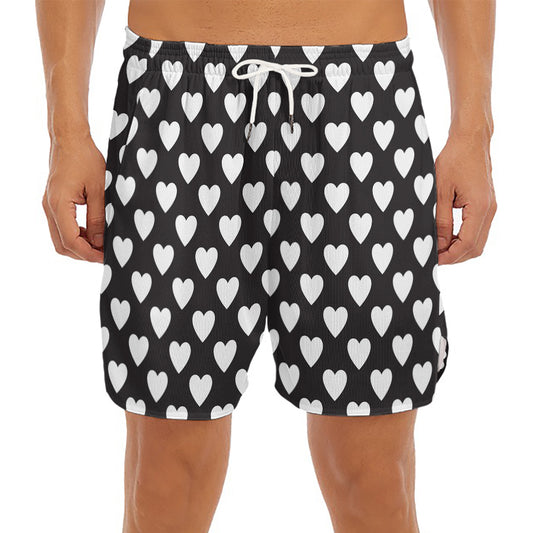 Black And White Heart Pattern Print Men's Split Running Shorts