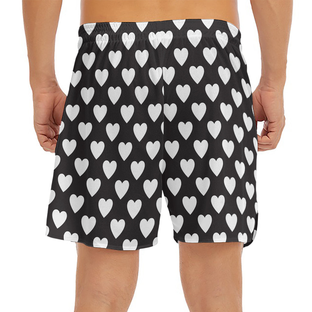 Black And White Heart Pattern Print Men's Split Running Shorts