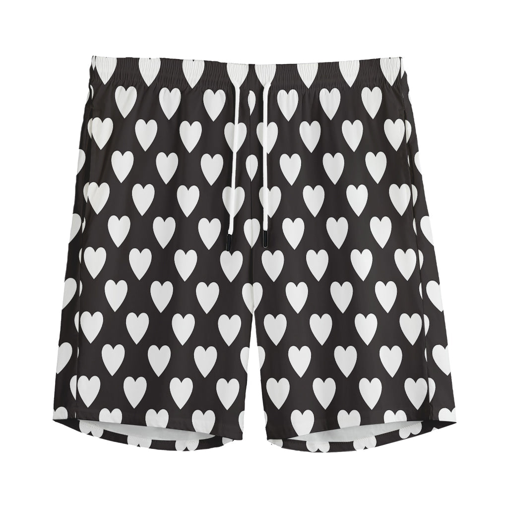 Black And White Heart Pattern Print Men's Sports Shorts