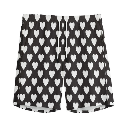 Black And White Heart Pattern Print Men's Sports Shorts