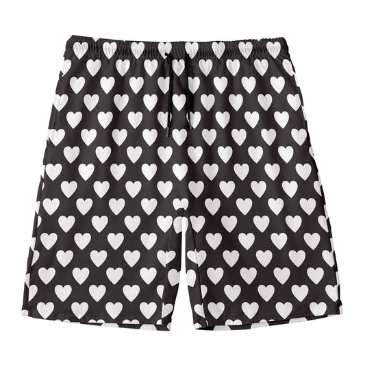 Black And White Heart Pattern Print Men's Swim Trunks