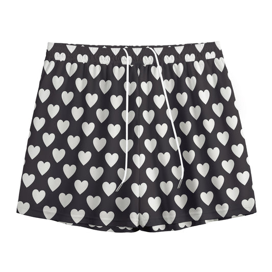 Black And White Heart Pattern Print Mesh Shorts