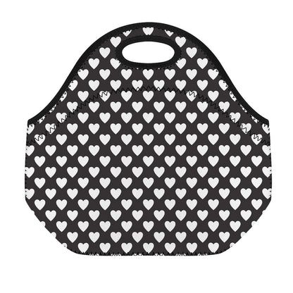 Black And White Heart Pattern Print Neoprene Lunch Bag