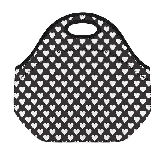 Black And White Heart Pattern Print Neoprene Lunch Bag