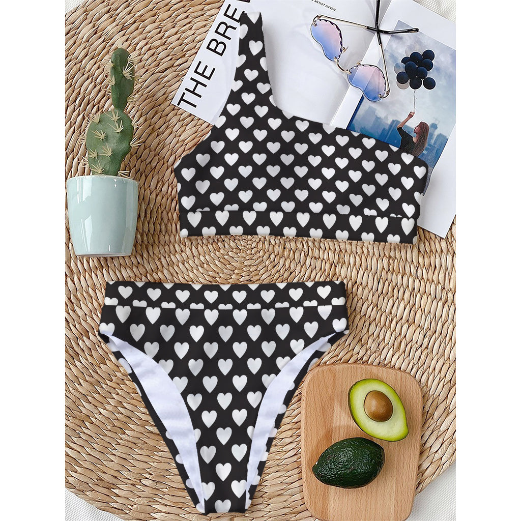 Black And White Heart Pattern Print One Shoulder Bikini Top