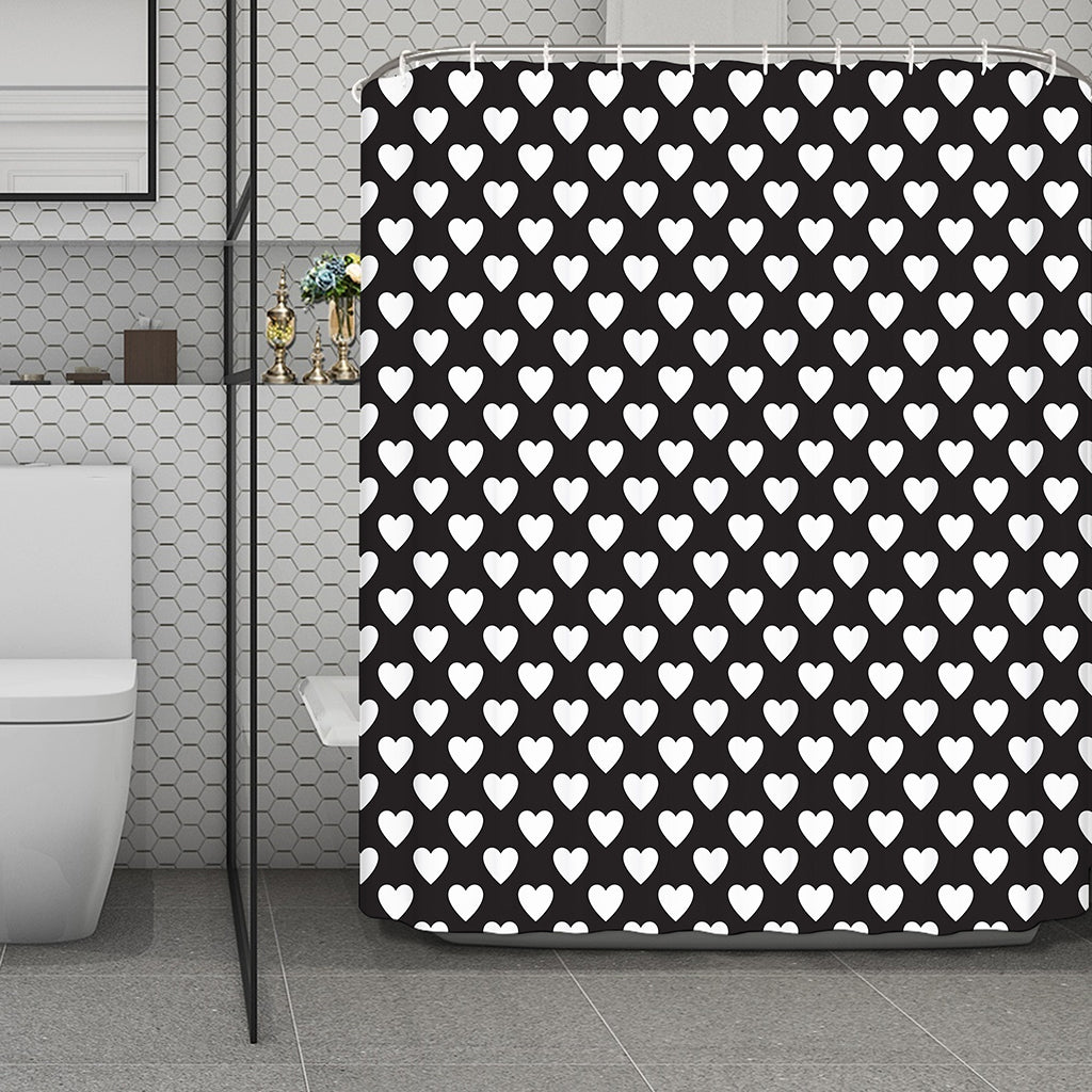 Black And White Heart Pattern Print Polyester Shower Curtain