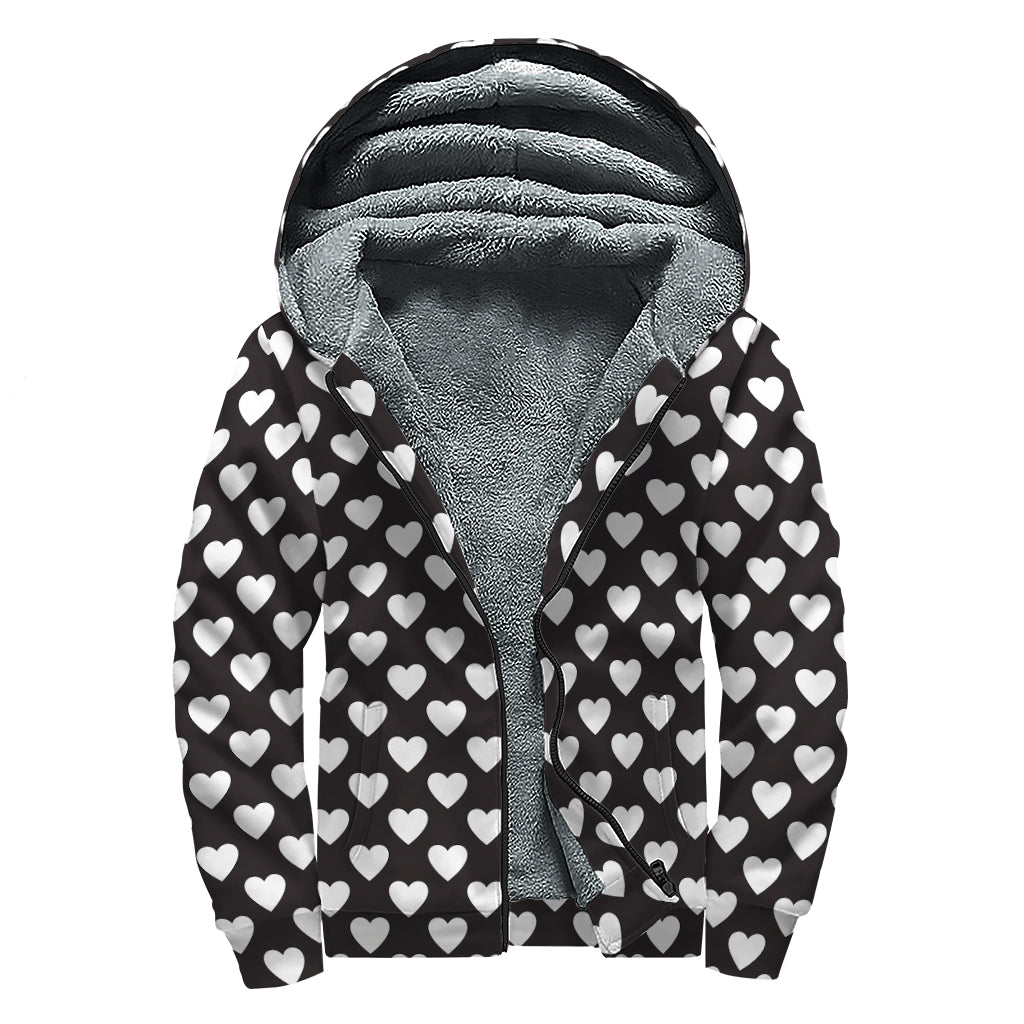 Black And White Heart Pattern Print Sherpa Lined Zip Up Hoodie