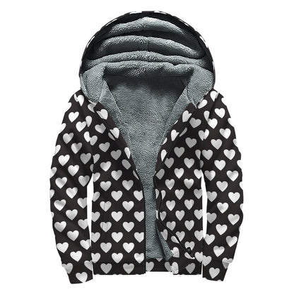Black And White Heart Pattern Print Sherpa Lined Zip Up Hoodie