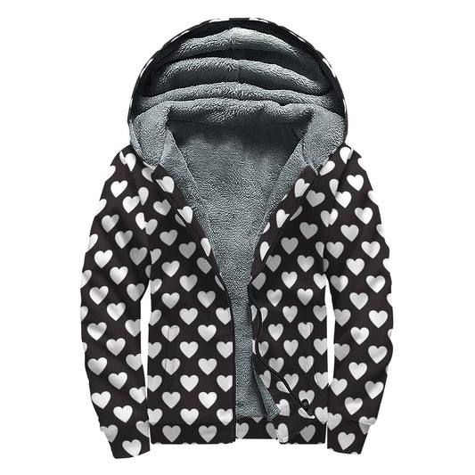 Black And White Heart Pattern Print Sherpa Lined Zip Up Hoodie