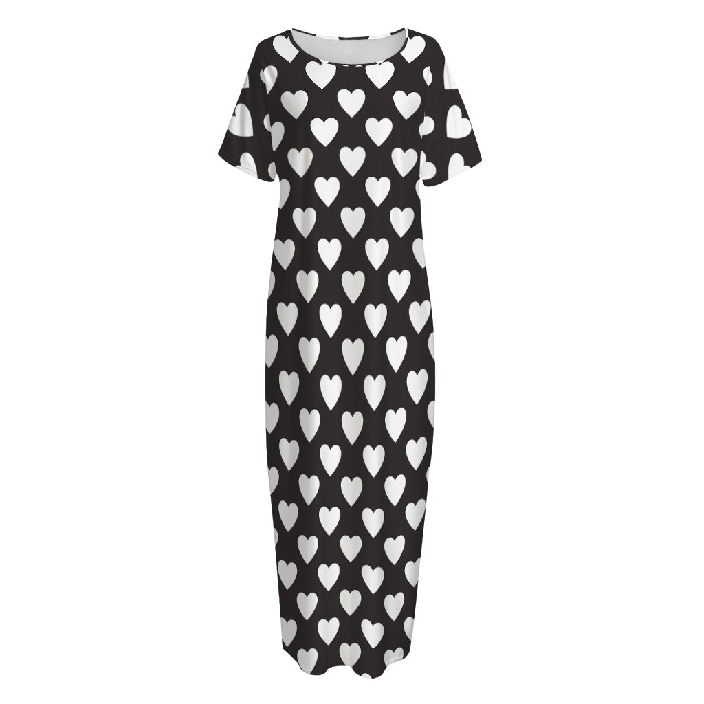 Black And White Heart Pattern Print Short Sleeve Long Nightdress