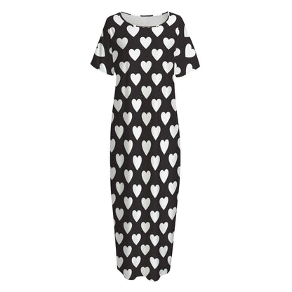Black And White Heart Pattern Print Short Sleeve Long Nightdress