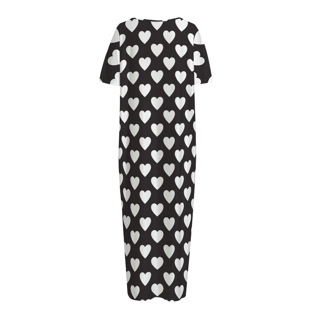 Black And White Heart Pattern Print Short Sleeve Long Nightdress