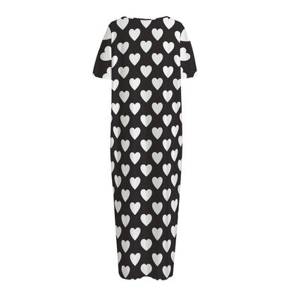 Black And White Heart Pattern Print Short Sleeve Long Nightdress