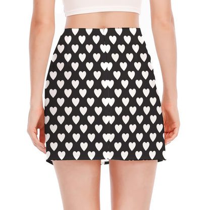 Black And White Heart Pattern Print Side Slit Mini Skirt