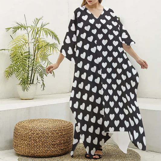 Black And White Heart Pattern Print Silk V-Neck Kaftan Dress