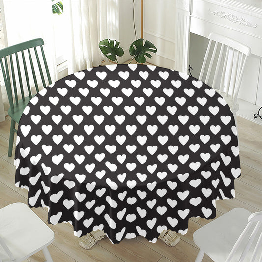 Black And White Heart Pattern Print Waterproof Round Tablecloth