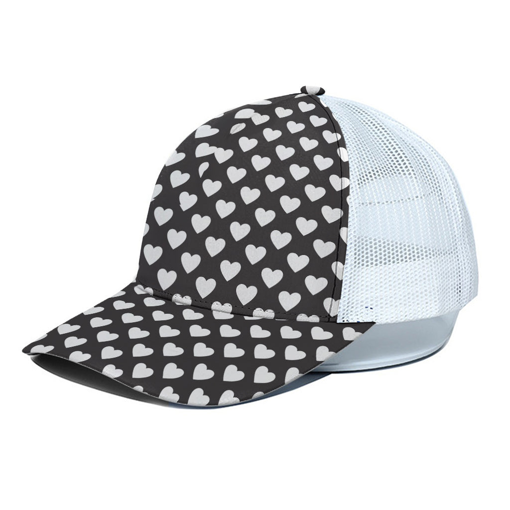 Black And White Heart Pattern Print White Mesh Trucker Cap