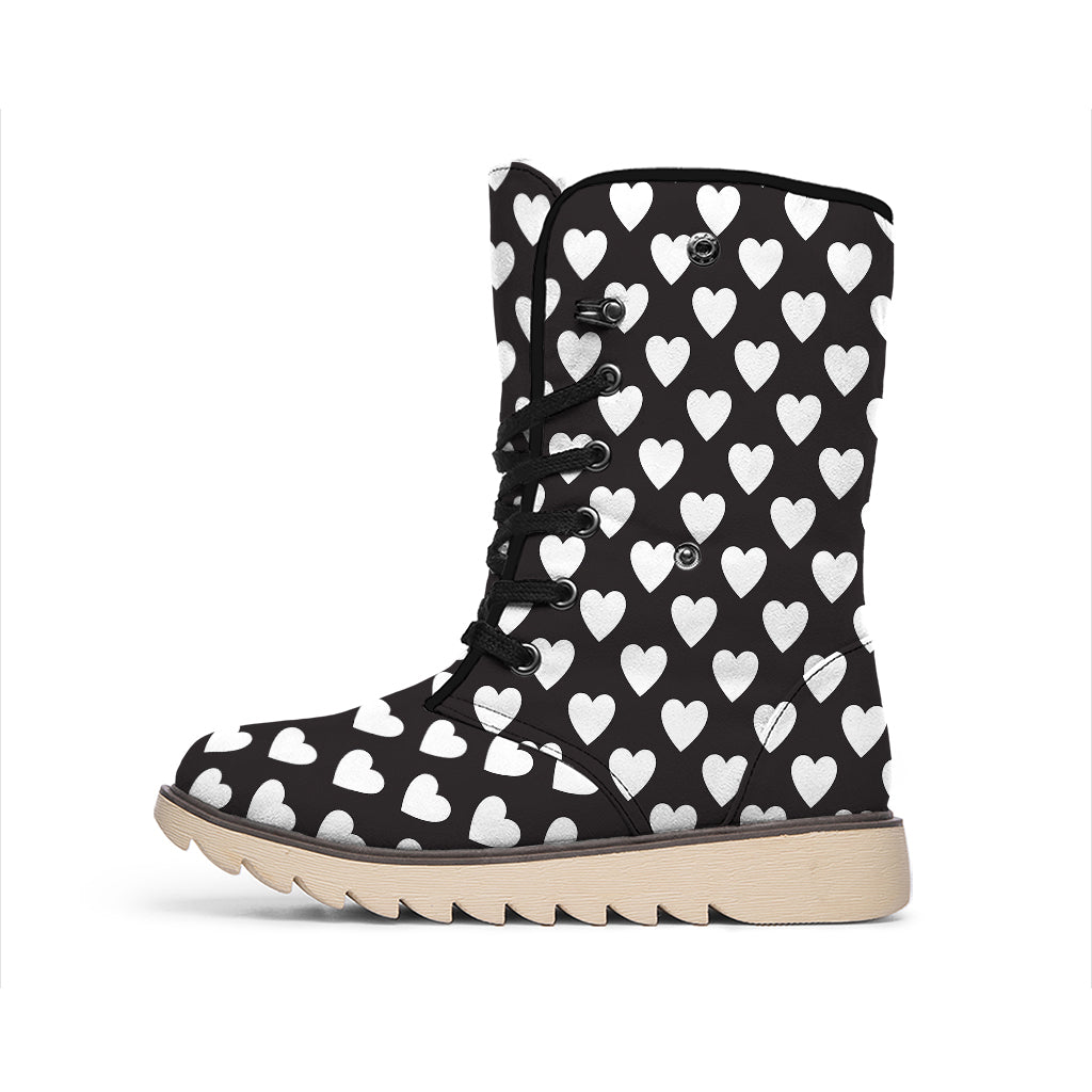 Black And White Heart Pattern Print Winter Boots