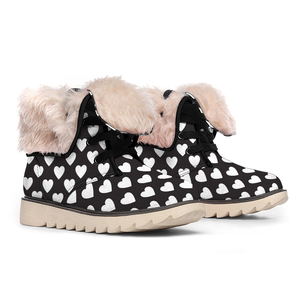 Black And White Heart Pattern Print Winter Boots