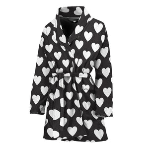 Black And White Heart Pattern Print Women's Bathrobe