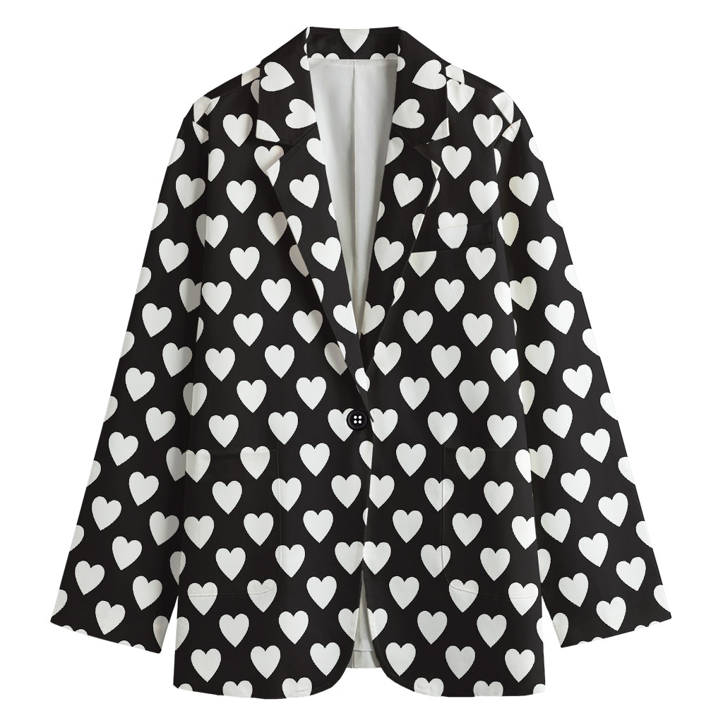 Black And White Heart Pattern Print Women's Cotton Blazer